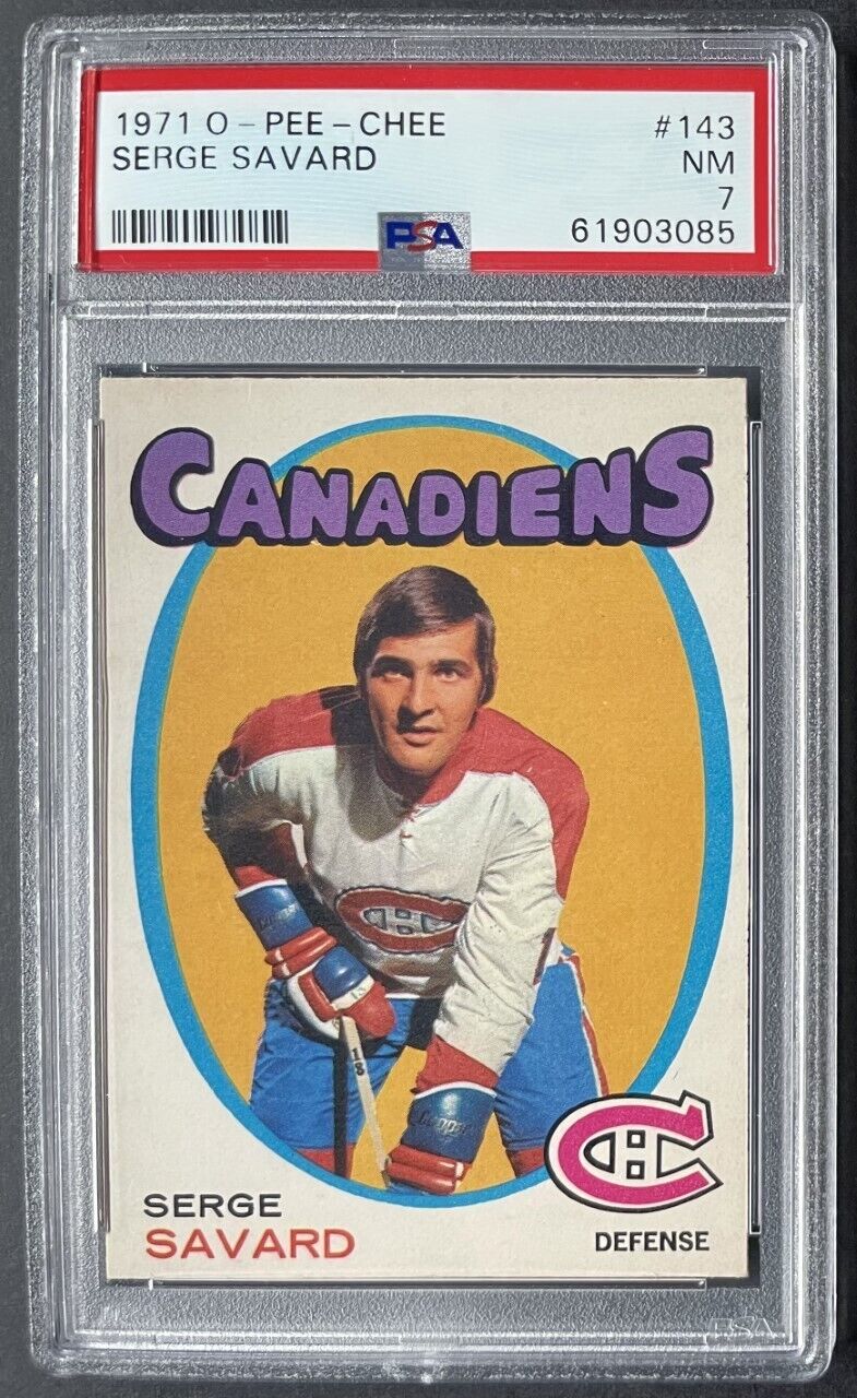 1971 O-Pee-Chee Serge Savard #143 Montreal Canadiens NHL Hockey Card PSA NM 7