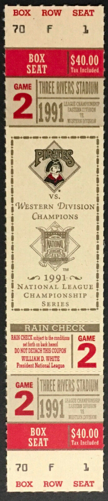 1991 NLCS MLB Baseball Game 2 Ticket Pittsburgh Pirates vs Atlanta Braves Vtg