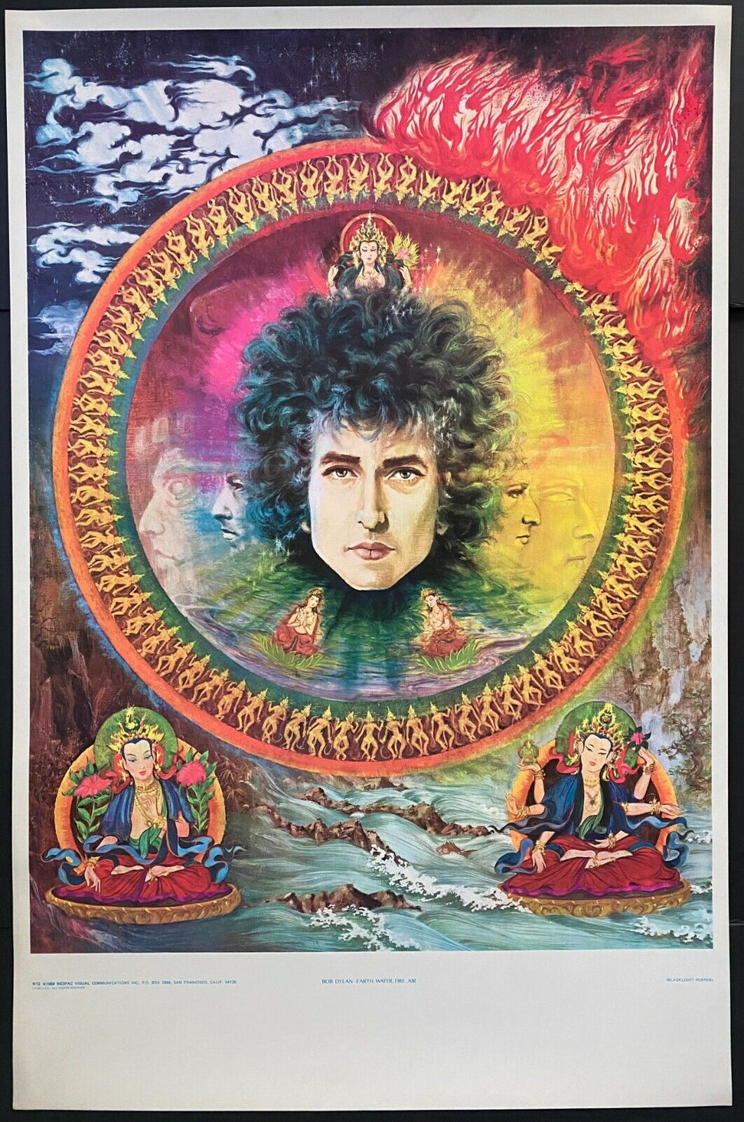 1969 Original Authentic Bob Dylan Blacklight Poster Earth Fire Water Air Music