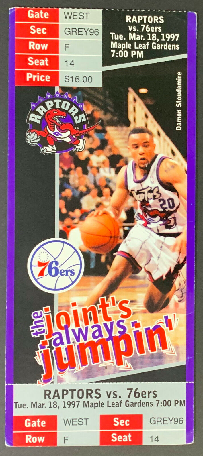1997 Maple Leaf Gardens Toronto Raptors NBA Basketball Ticket Damon Stoudamire