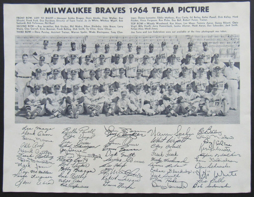 1964 Vintage MLB Milwaukee Braves Team Issued Photo - Facsimile Autographs