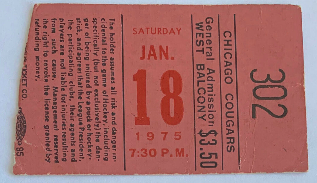 1975 Chicago Cougars Last WHA Year Hockey Ticket Stub Minessota Fighting Saints