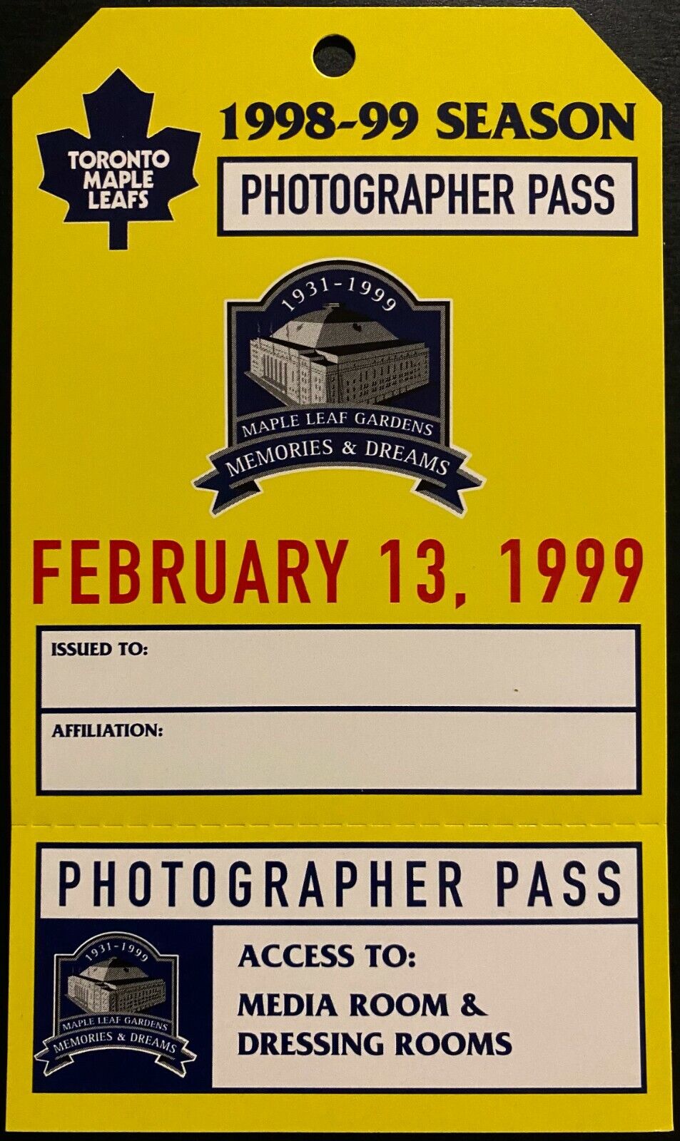 1999 NHL Hockey Leafs Photographer Pass Maple Leaf Gardens Last Game Toronto