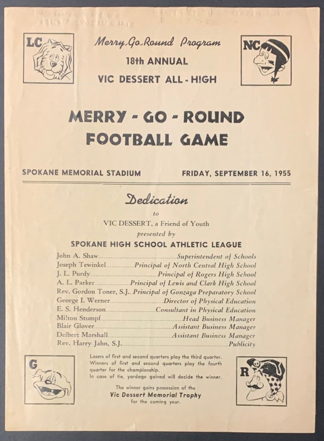 1955 High School Football 4 Page Program Spokane Washington Lewis & Clarke