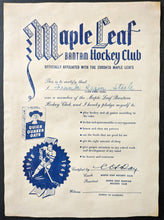 Load image into Gallery viewer, 1940s Quaker Oats Maple Leaf Bantam Hockey Club Membership Certificate Page
