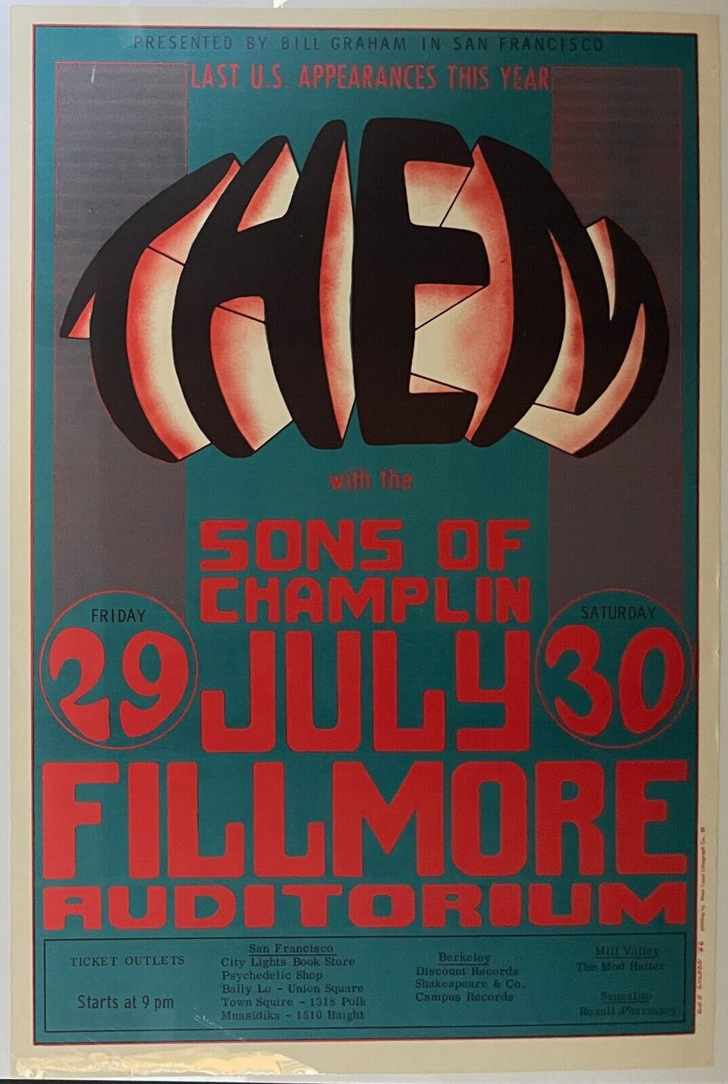 1966 Bill Graham Presents Concert Poster THEM + Sons Of Champlin B6-20 Vintage