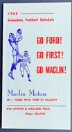 1968 CFL Football Schedule Sponsored By Ford Maclin Motors Calgary Advertising