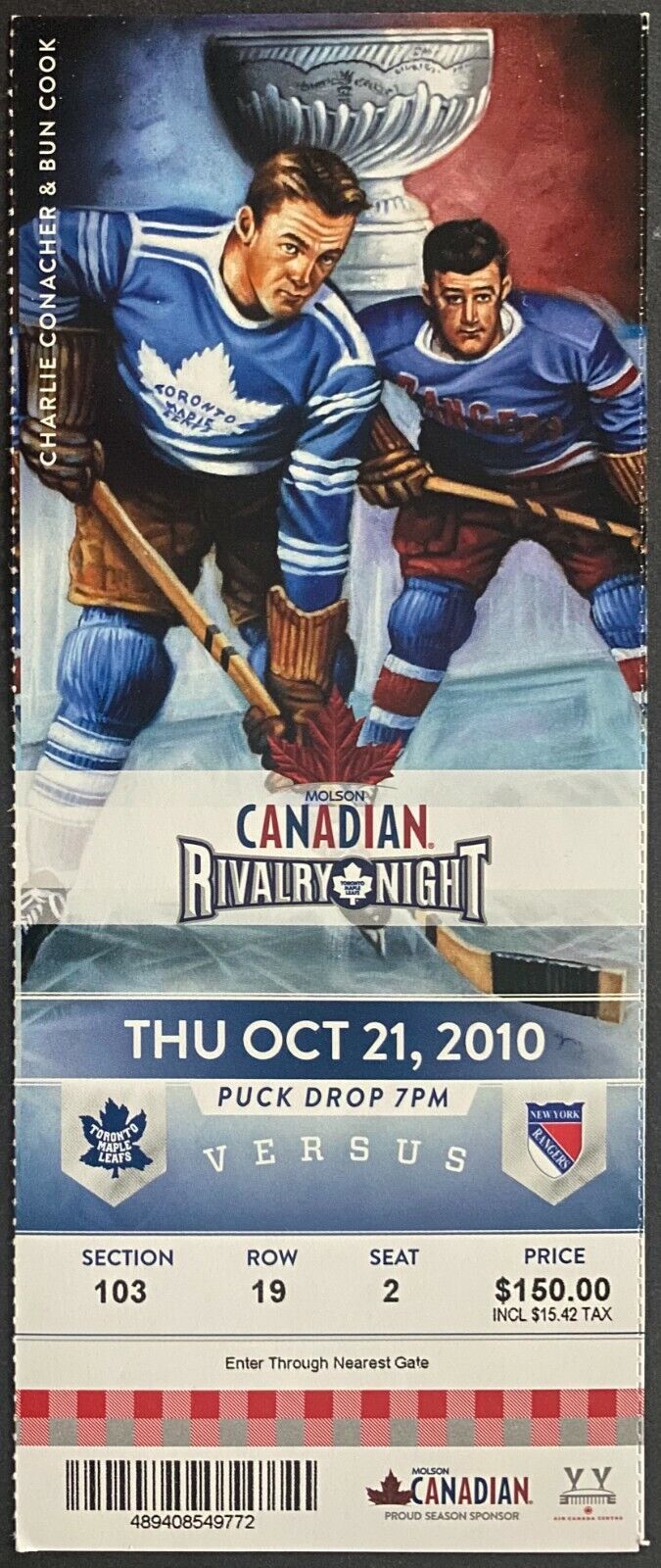 2010 NHL Hockey Ticket Toronto Maple Leafs New York Rangers Air Canada Centre