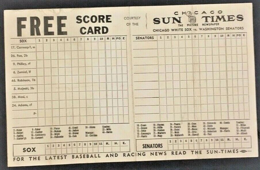 MLB Chicago White Sox Baseball Scorecard Comiskey Park vs Washington Senators