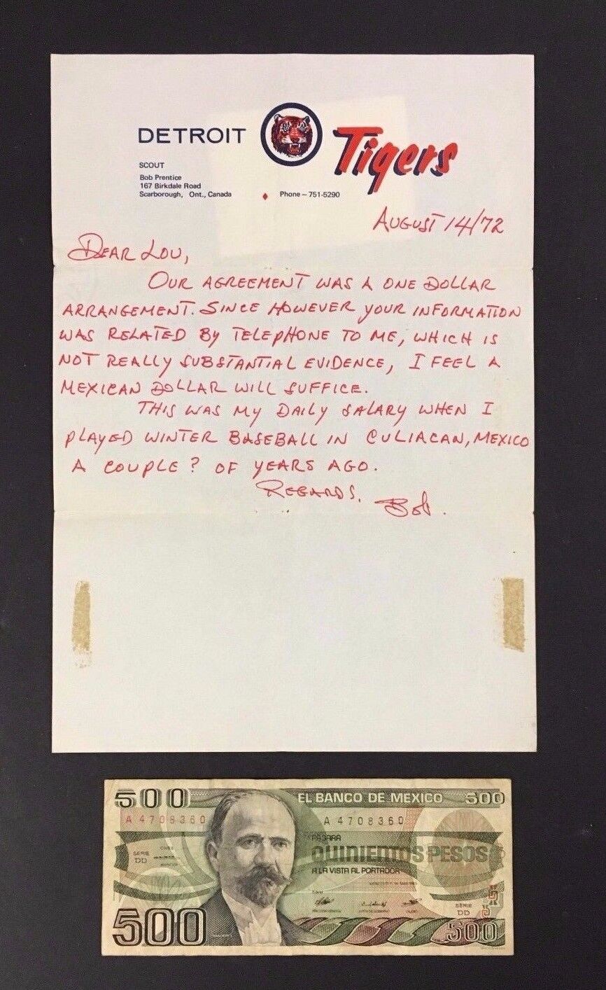 1972 Bob Prentice Letter Detroit Tigers Scout Lou Cauz Regarding Bet Funny MLB