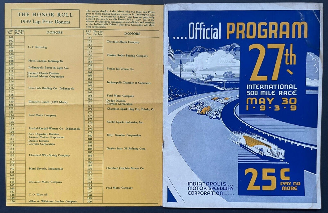 1939 Indy 500 Program + Lap Scoresheet + Race Summary Wilbur Shaw Indianapolis