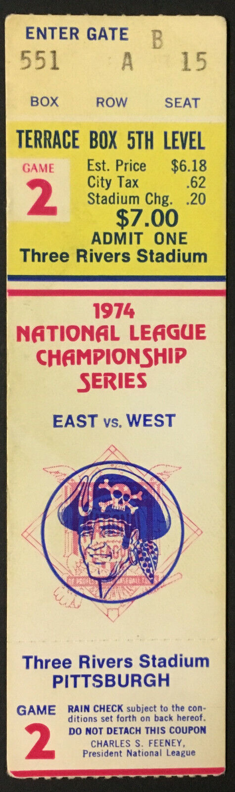 1974 NLCS Game 2 Ticket Three Rivers Stadium MLB Pittsburgh Pirates v LA Dodgers