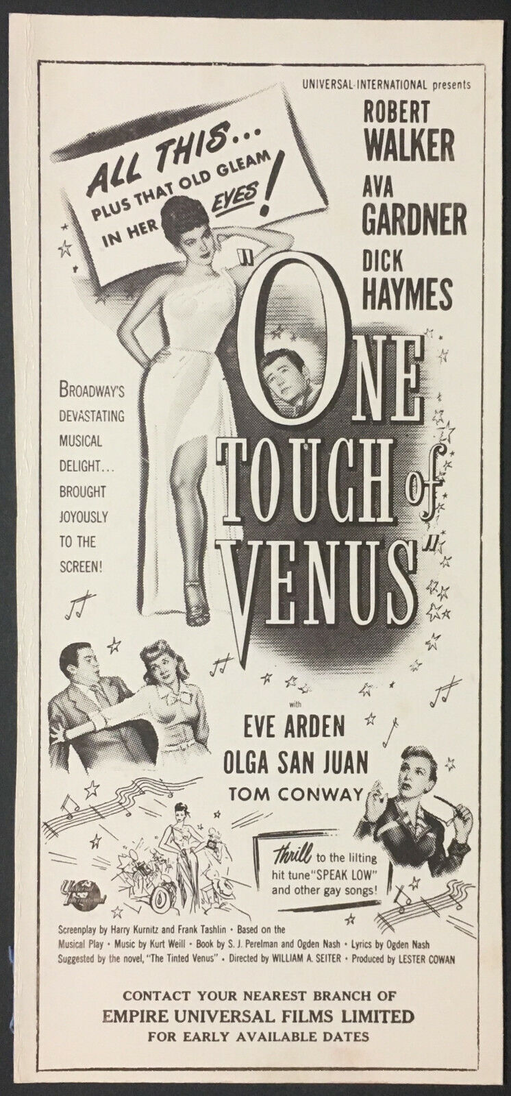 Vintage 1948 Movie Advertising Blotter One Touch Venus Staring Eve Arden