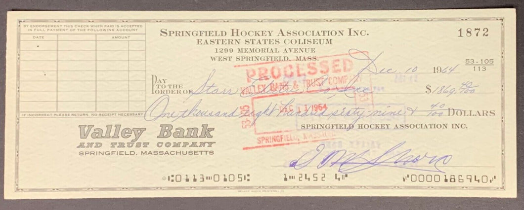 1964 Eddie Shore Hockey Hall Of Famer Signed Bank Cheque Autographed Check