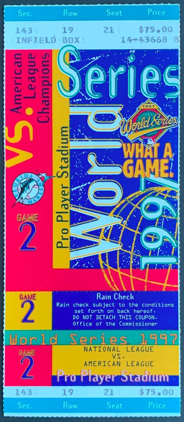 1997 World Series Game 2 Full Ticket Florida Marlins Cleveland Indians MLB