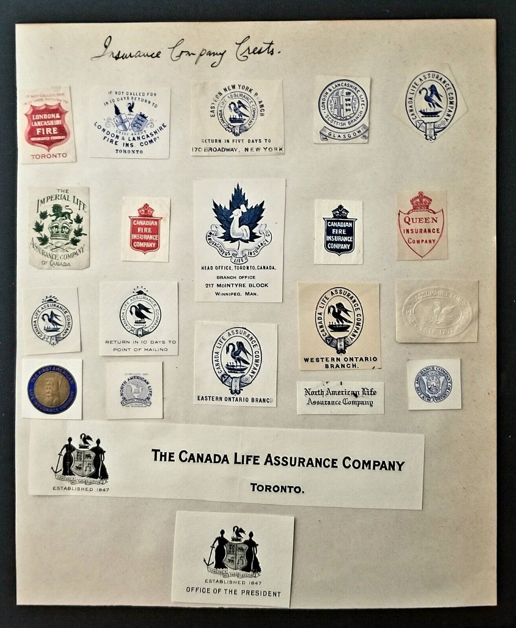 Early 1900s Sheet Insurance Company Shields/Crests/Coats of Arms Vintage