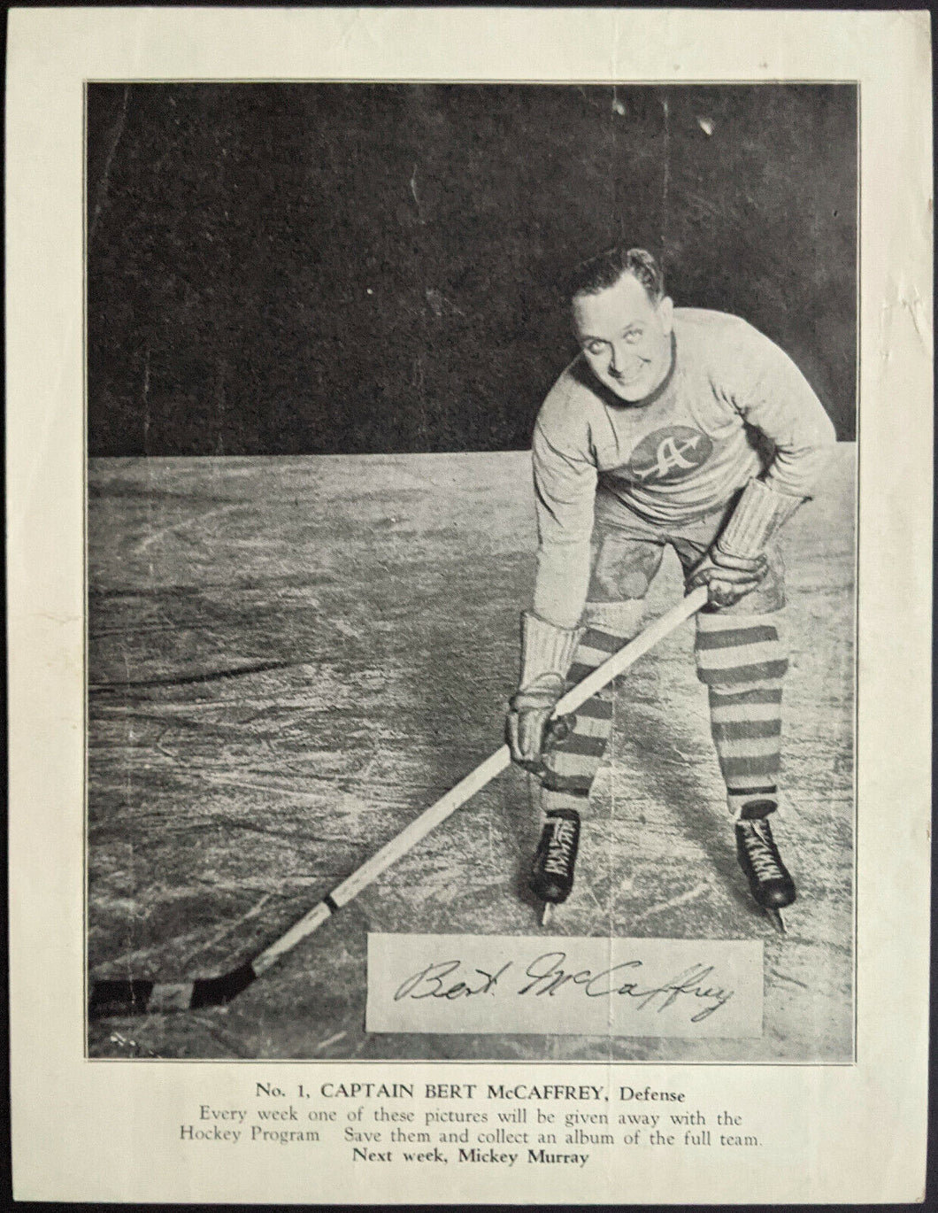 1931-32 Philadelphia Arrows Can-Am Hockey League Photo Insert Bert McCaffrey