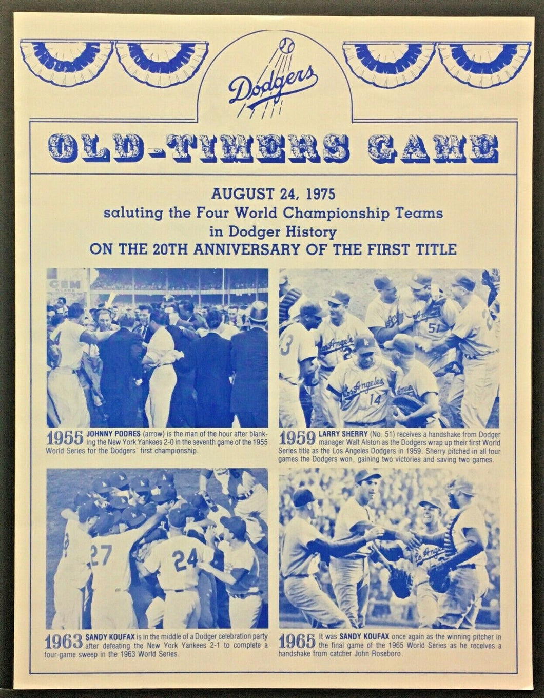 1975 Los Angeles Dodgers MLB Baseball Old Timers Game Program Casey Stengel
