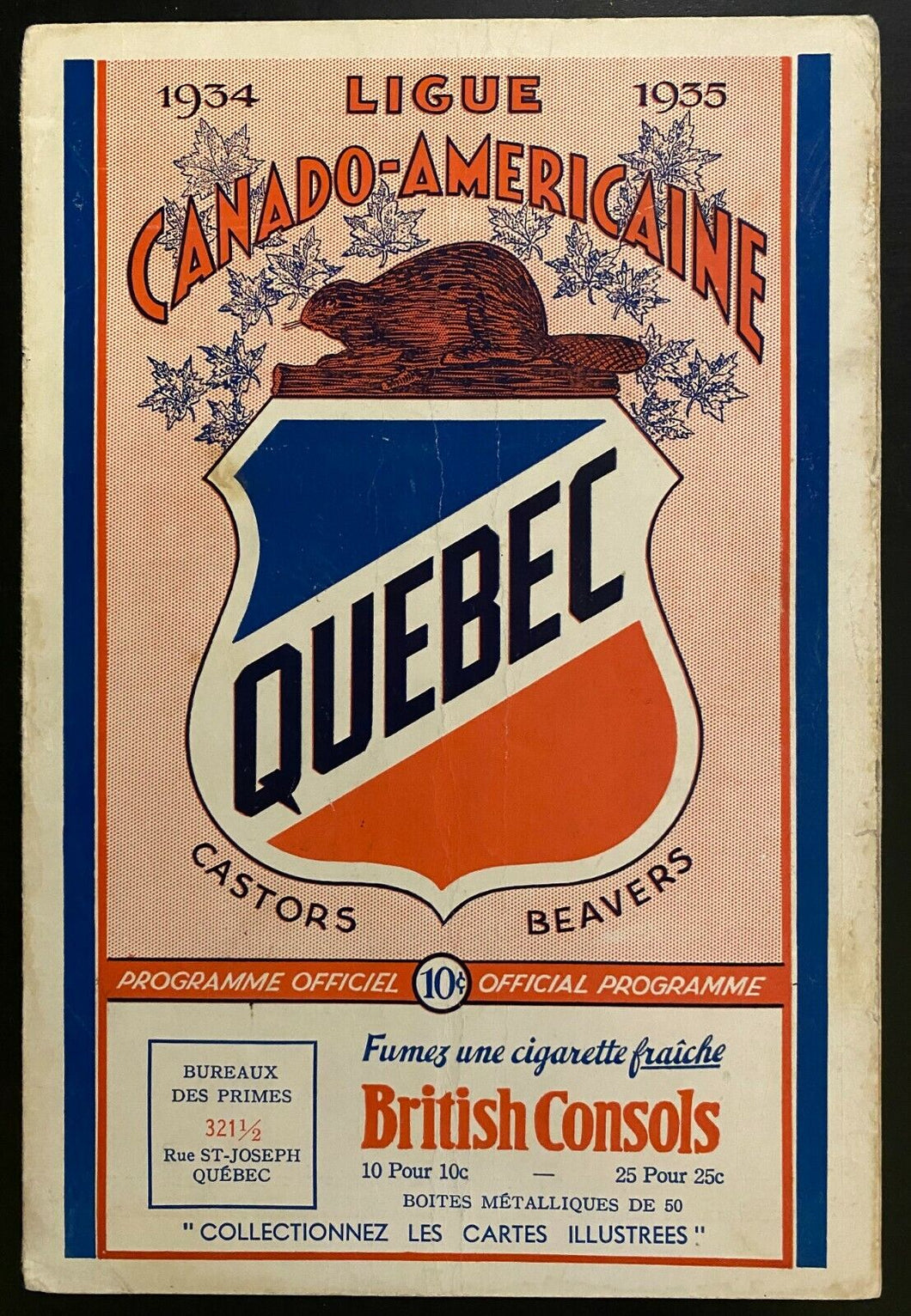 1935 Ligue Canado-Americaine Montreal Canadiens Quebec Beavers Rare Vtg Program