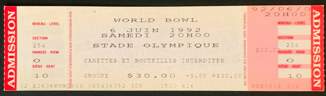 1992 World Bowl Full Ticket World League American Football Montreal Canada