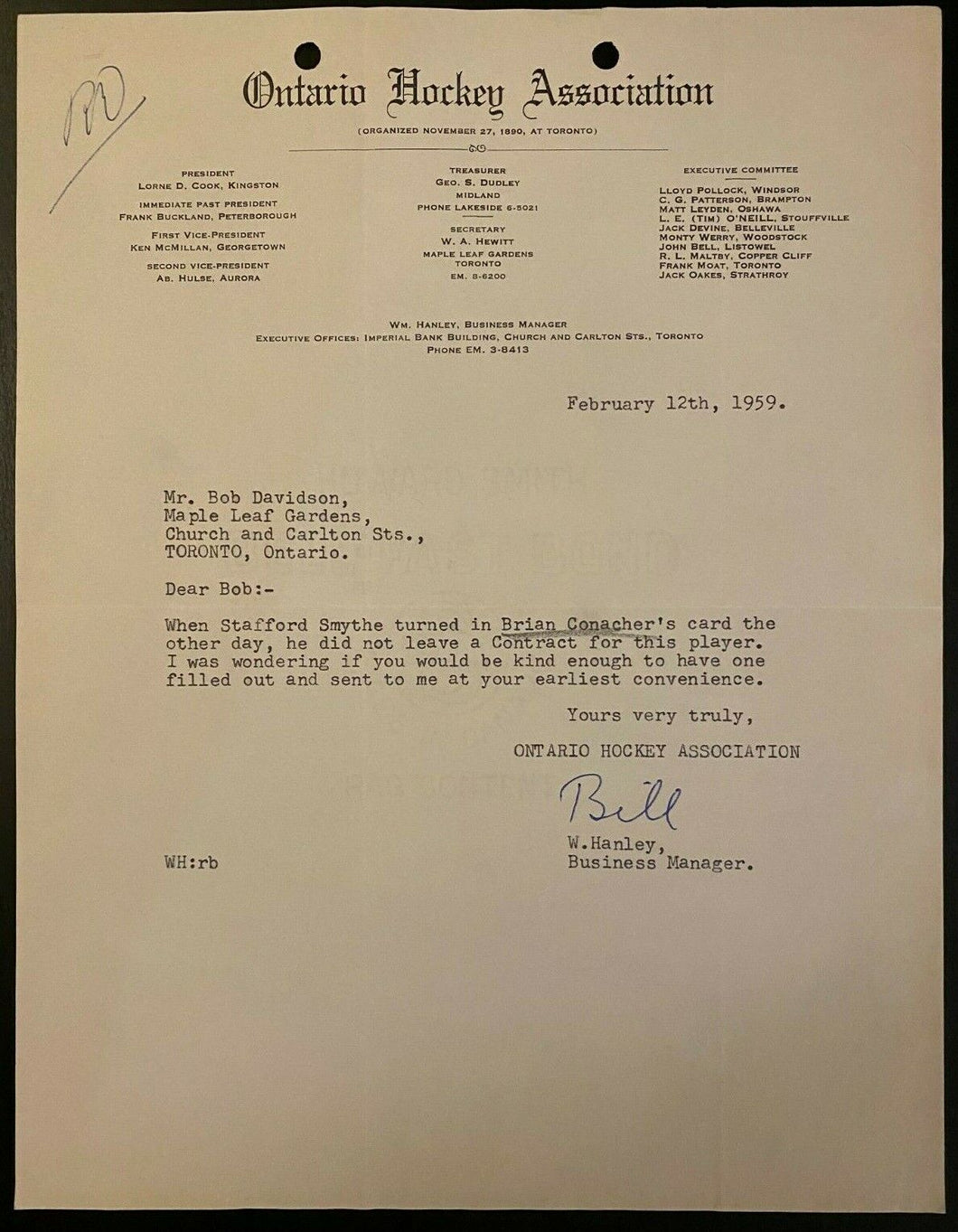 1959 OHA Hockey Letter Signed HOFer Bill Hanley Autographed Maple Leaf Gardens