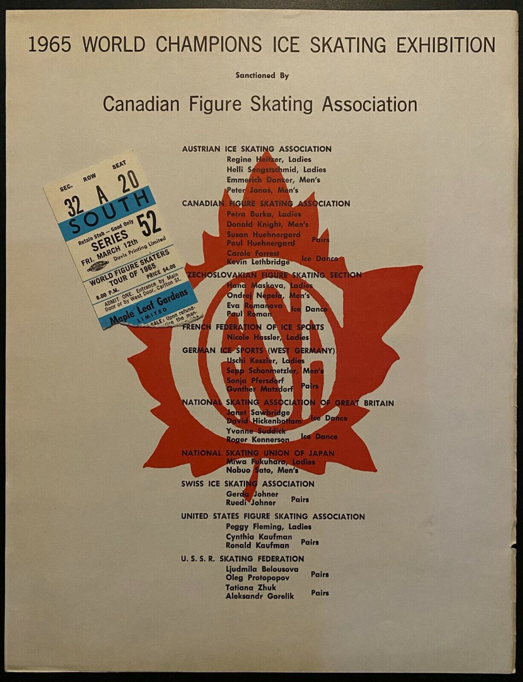 1965 World Figure Skating Tour Maple Leaf Gardens Ticket Stub Lineup Card