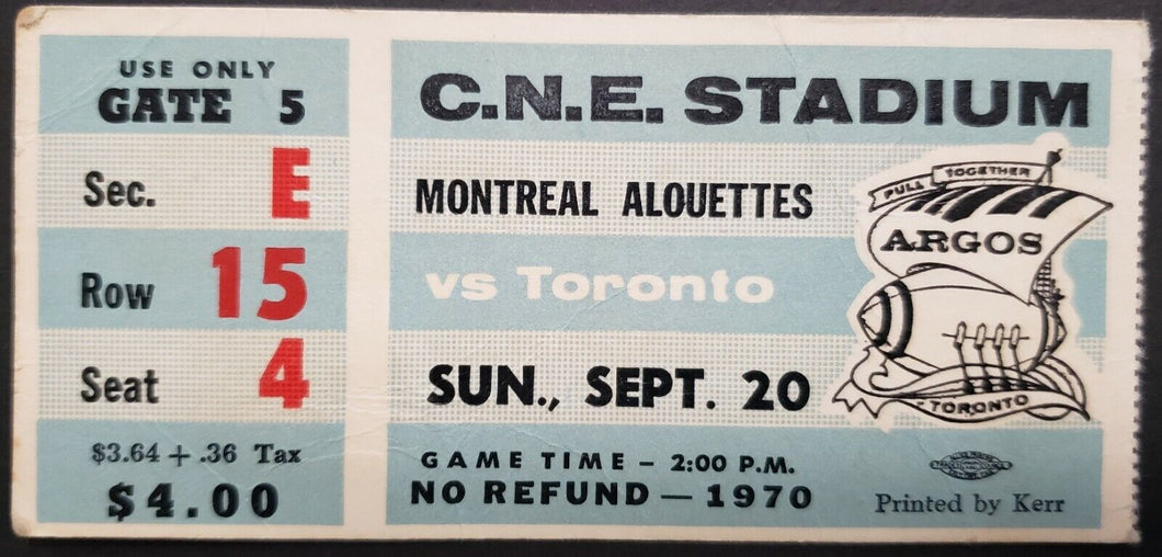1970 C.N.E. Stadium Montreal Alouettes vs Toronto Argonauts CFL Football Ticket