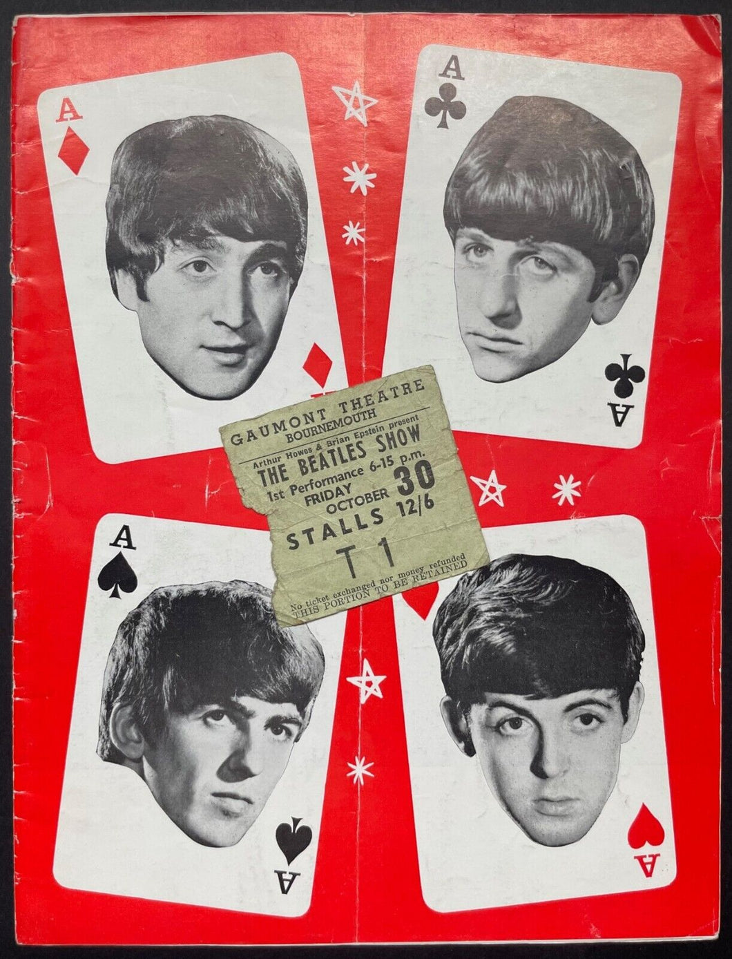 1964 Beatles Live Music Concert UK Tour Program + Vintage Ticket @ Bournemouth