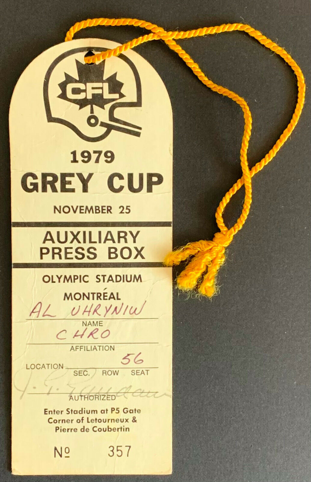 1979 Grey Cup Official CFL Football Game Press Box Pass Alouettes Eskimos