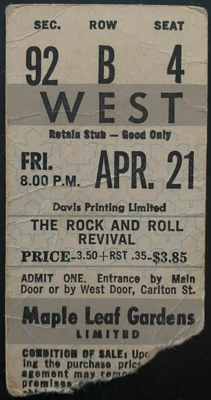 1972 Rock N Roll Revival Concert Ticket Maple Leaf Gardens Toronto Many Acts