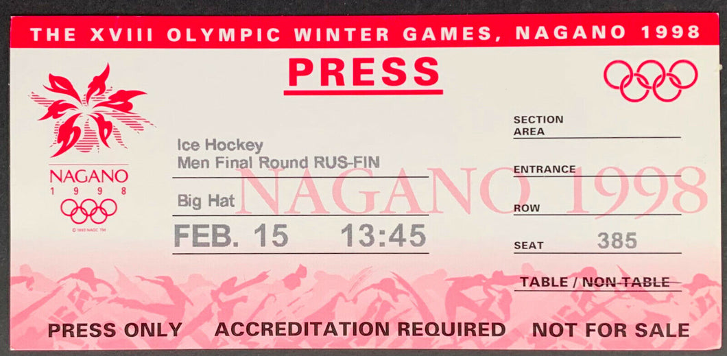 1998 Nagano Winter Olympic Games Press Ticket Final Round Hockey Russia Finland