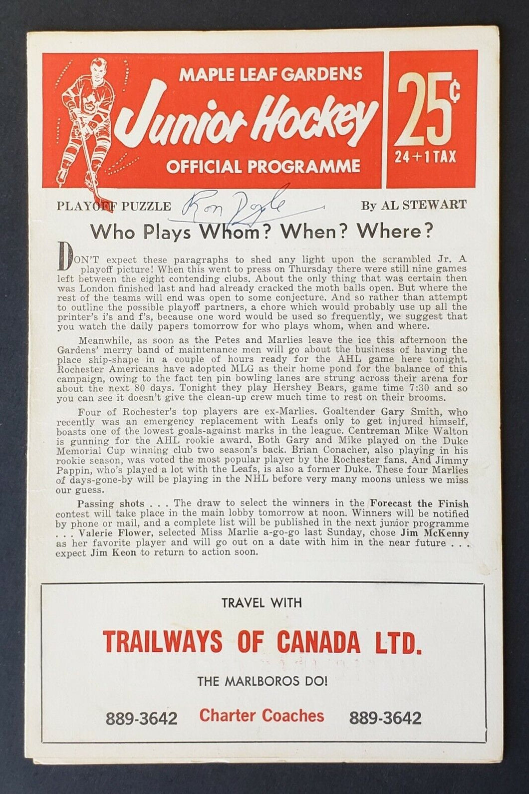 1966 Maple Leaf Gardens OHA Jr A Program Toronto vs Peterborough Petes Brad Park