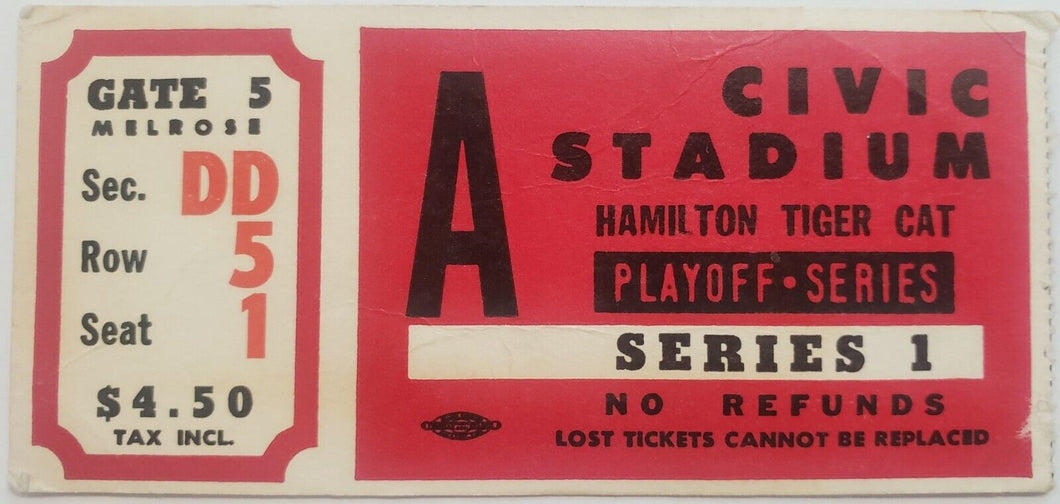 1966 Civic Stadium Playoff Series 1 Ticket Hamilton Tiger Cats CFL Football Stub