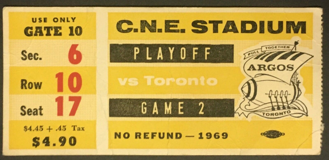 1969 C.N.E. Stadium CFL Football Playoff Game 2 Ticket Ottawa vs Toronto Argos