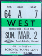 1969 Vintage NHL Hockey Ticket Stub Toronto Maple Leafs vs Chicago Blackhawks