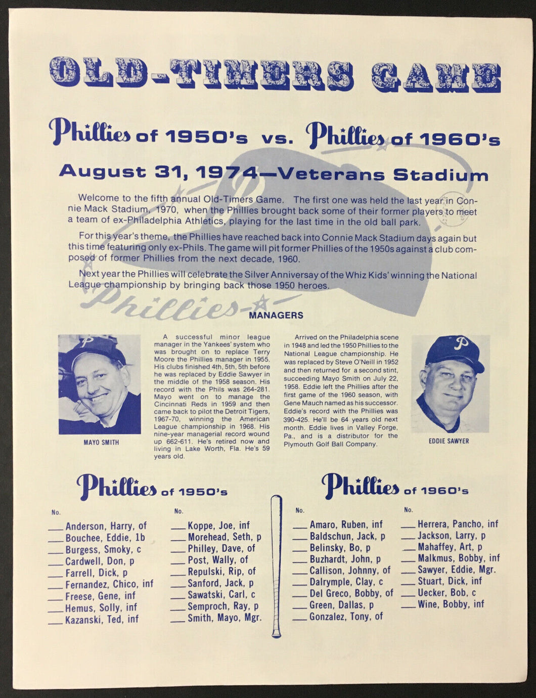 1974 MLB Baseball Veterans Stadium Philadelphia Phillies Old Timers Game Program