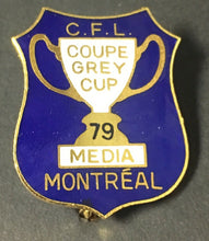 Load image into Gallery viewer, Vintage 1979 Grey Cup CFL Football Press Pin Media Montreal vs Edmonton Eskimos
