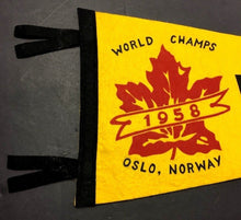 Load image into Gallery viewer, 1958 Whitby Dunlops World Champions Felt Pennant Oslo Norway Vintage Hockey 24"
