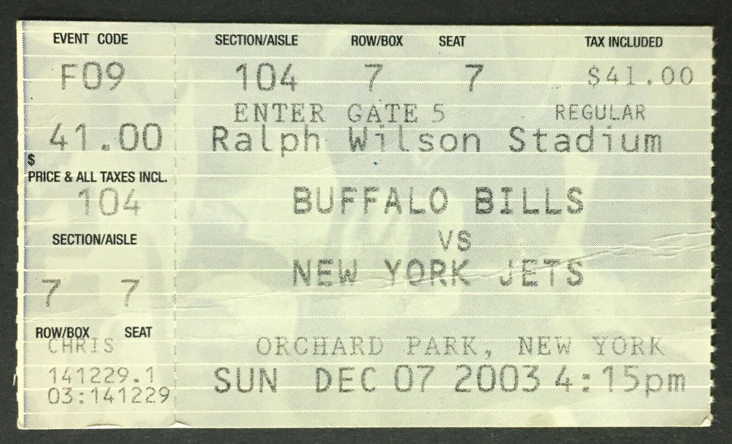 2003 NFL Football Ralph Wilson Stadium Ticket Stub Buffalo Bills New York Jets