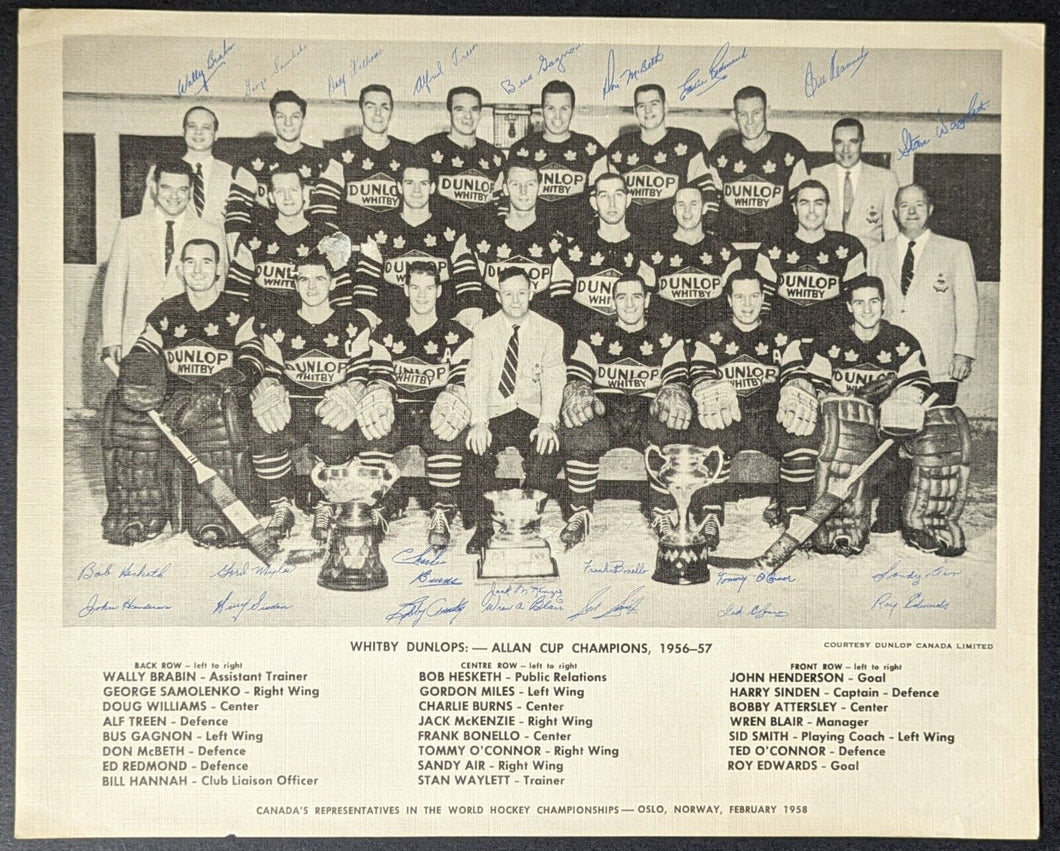 1956/57 Whitby Dunlops Allan Cup Champions Team Photo '58 World Hockey Champions