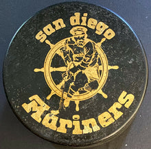 Load image into Gallery viewer, San Diego Mariners WHA Hockey Vintage Game Used Puck Gold Reverse
