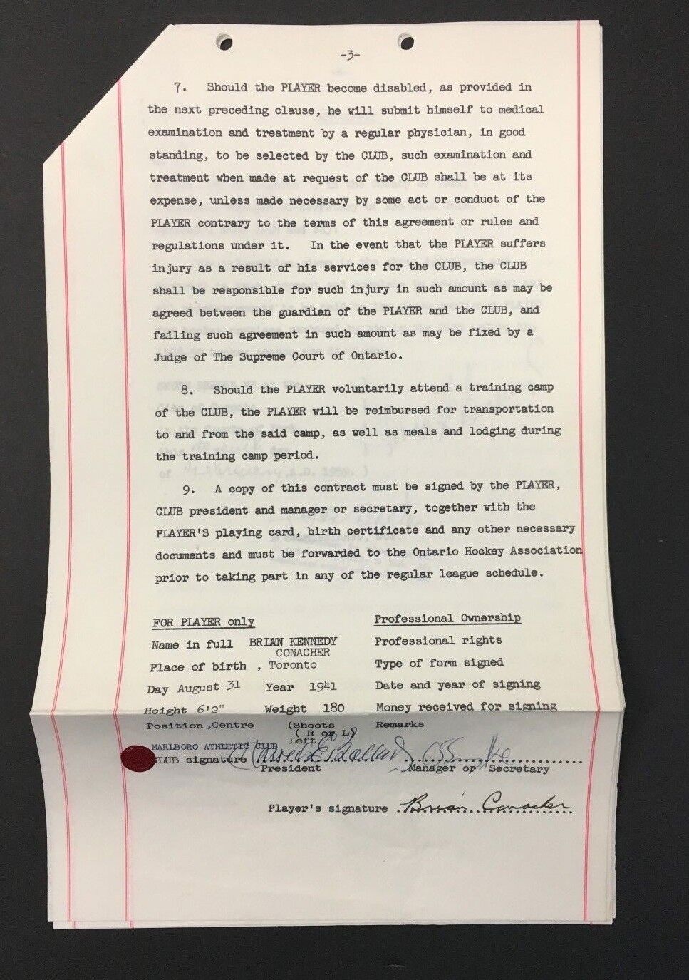 1959 OHA Jr A Hockey Contract For Marlboro Athletic Club & Brian Conacher Signed