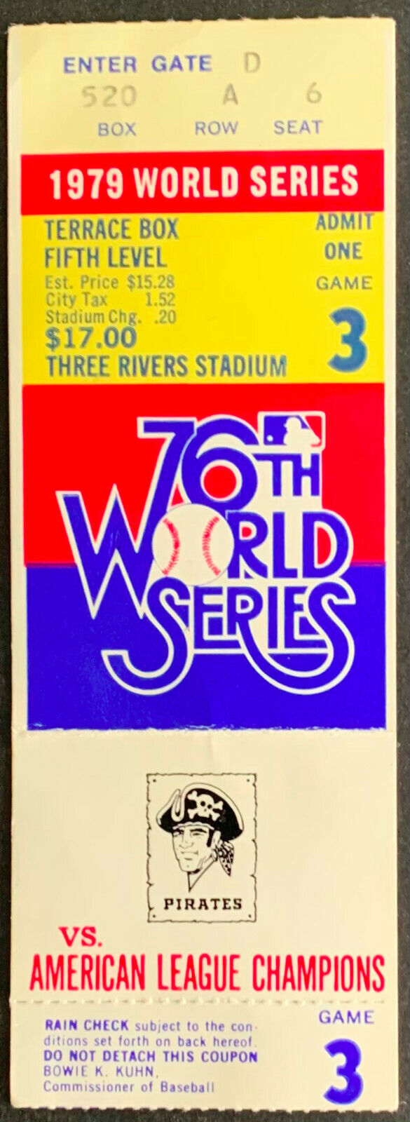 1979 World Series Ticket Game 3 Pittsburgh Pirates vs Baltimore Orioles