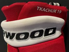 Load image into Gallery viewer, 2022 Matthew Tkachuk Game Worn Sherwood Code V Hockey Gloves Calgary Flames NHL
