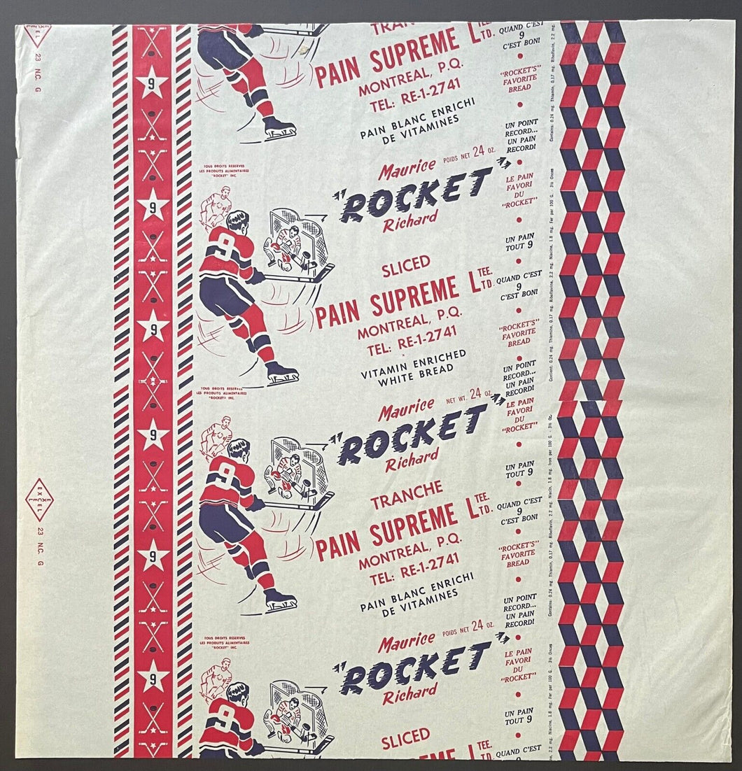 1950 - 1960 Pain Supreme Ltd Maurice Richard Bread Wrapper Error NHL Hockey