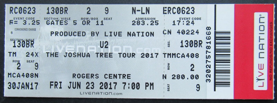2017 U2 - The Joshua Tree Tour Concert Full Ticket Rogers Centre Toronto