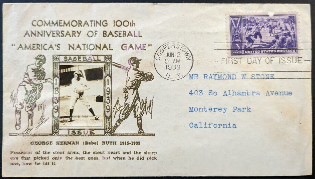 1939 Real Babe Ruth Photo 100th Anniversary First Day Cover Cachet Cooperstown