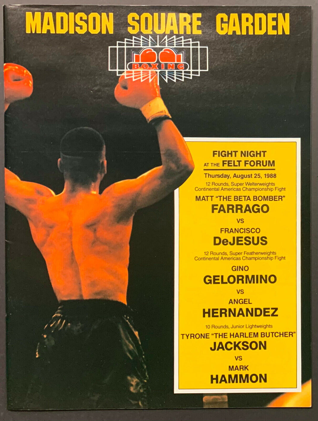 1988 Madison Square Garden Boxing Program Farrago vs DeJesus + Tyson Article
