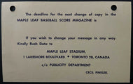 1950's Toronto Maple Leaf Baseball Club Postcard Reminder Advertise In Programs