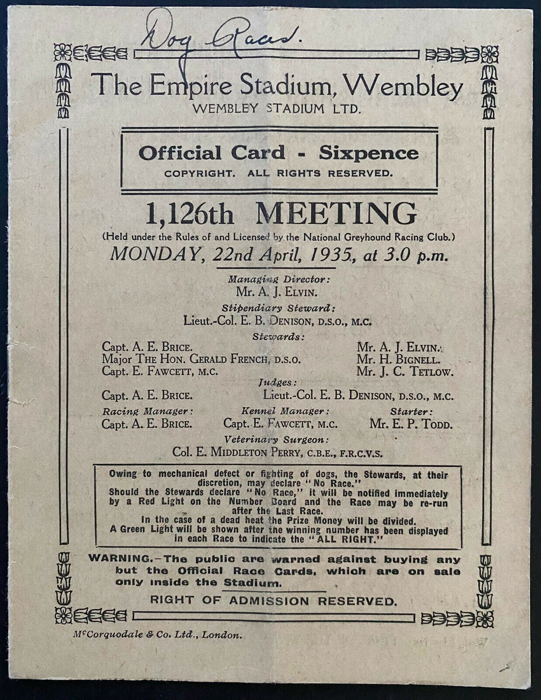 1935 British Greyhound Racing Program Empire Stadium Wembley Vintage England